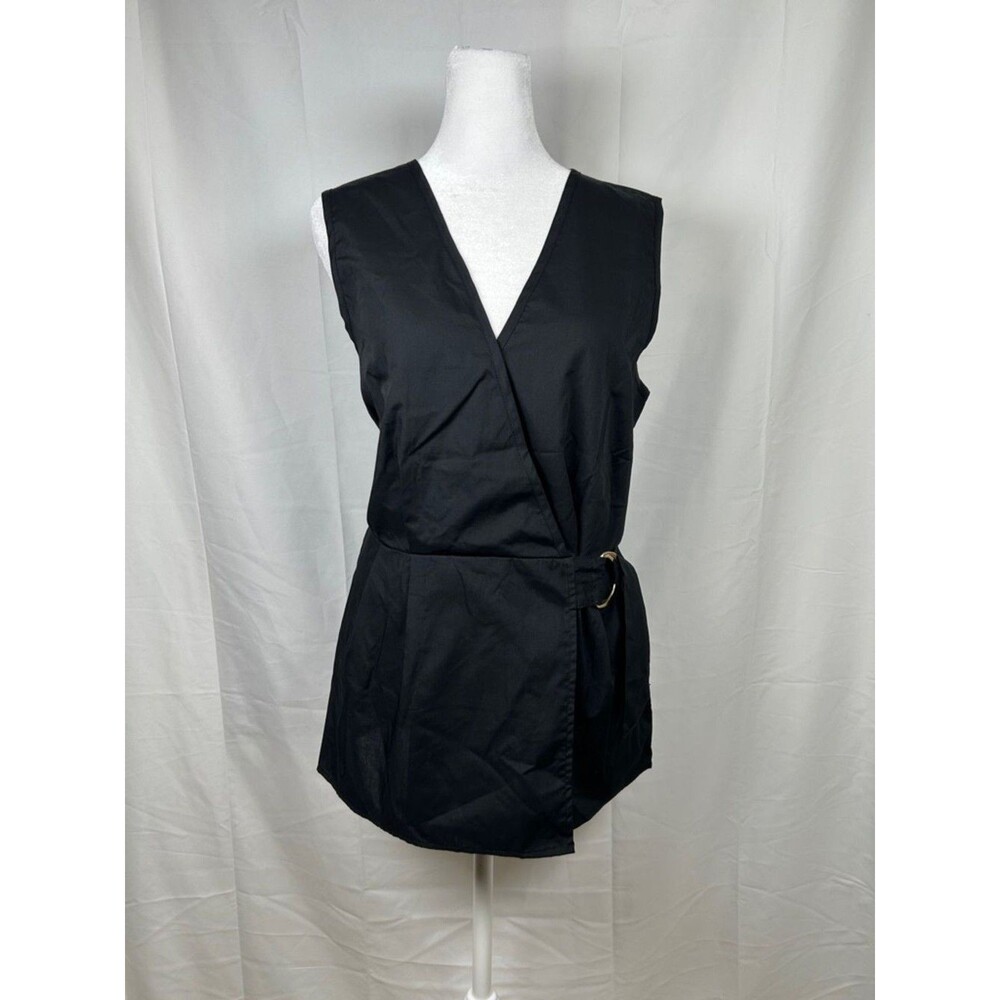 Ellen Tracy Black Sleeveless Faux Wrap Cotton Blend Top Medium Buckle V-Neck